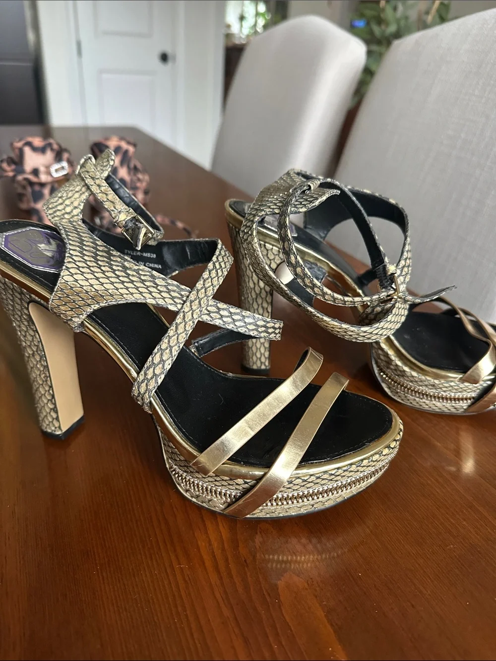 Metallic Gold Platform Sandals with Snake-Print Ankle Wrap